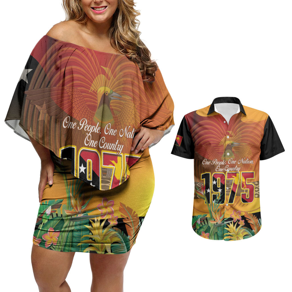 Personalised Papua New Guinea Independence Day Couples Matching Off Shoulder Short Dress and Hawaiian Shirt One People One Nation One Country