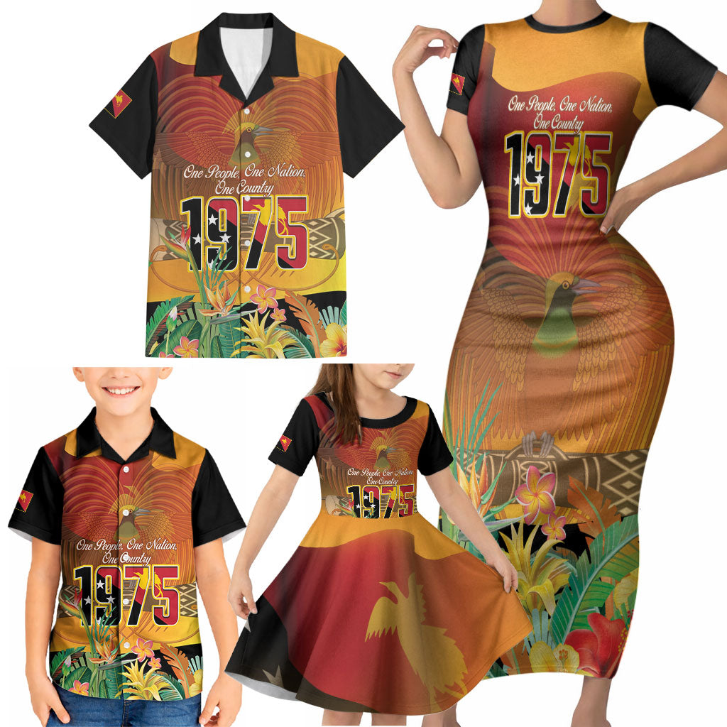 Personalised Papua New Guinea Independence Day Family Matching Short Sleeve Bodycon Dress and Hawaiian Shirt One People One Nation One Country