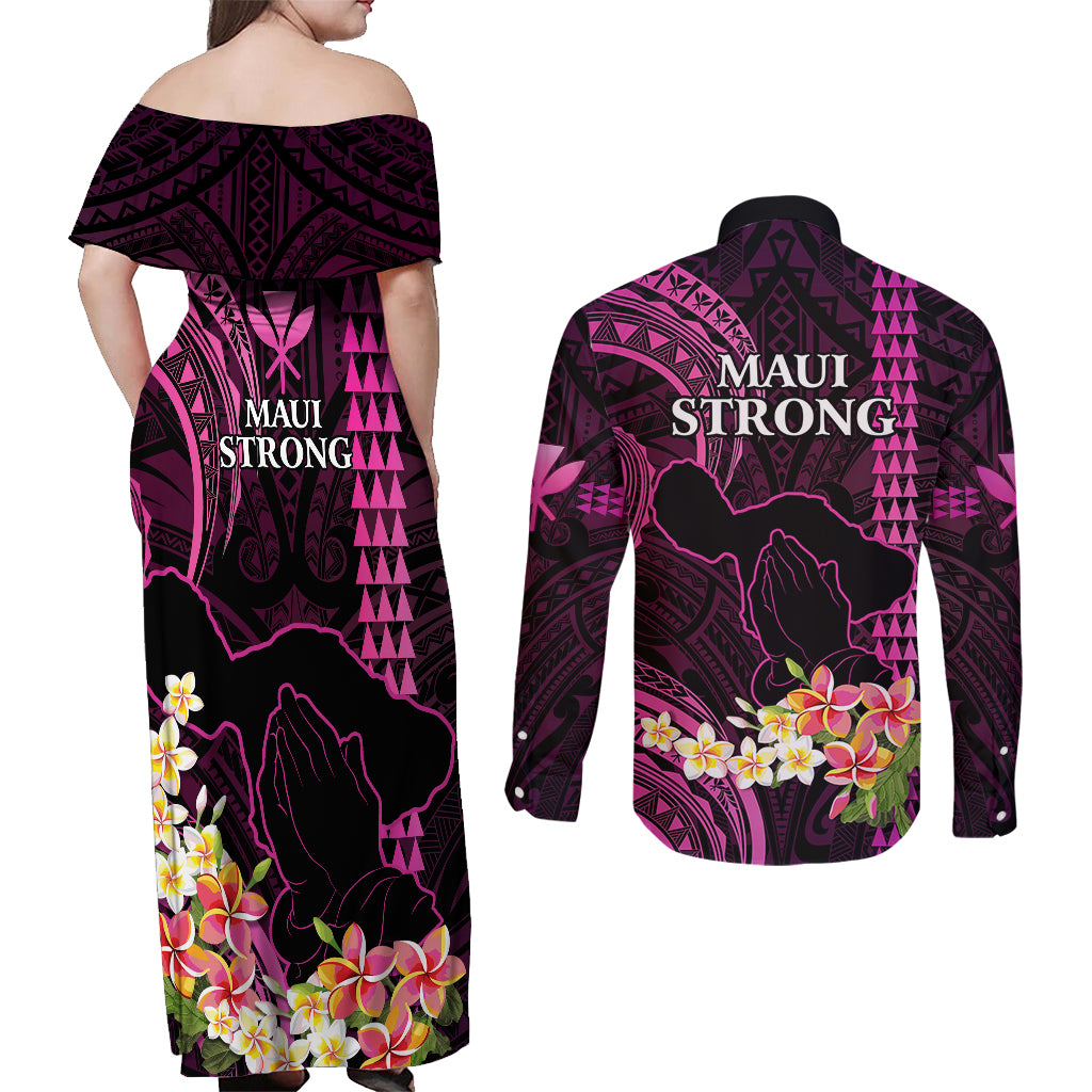 Hawaii Couples Matching Off Shoulder Maxi Dress and Long Sleeve Button Shirts Pray For Maui Hawaiian Plumeria Be Strong Pink Verison LT14 - Polynesian Pride