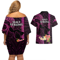 Hawaii Couples Matching Off Shoulder Short Dress and Hawaiian Shirt Pray For Maui Hawaiian Plumeria Be Strong Pink Verison LT14 - Polynesian Pride