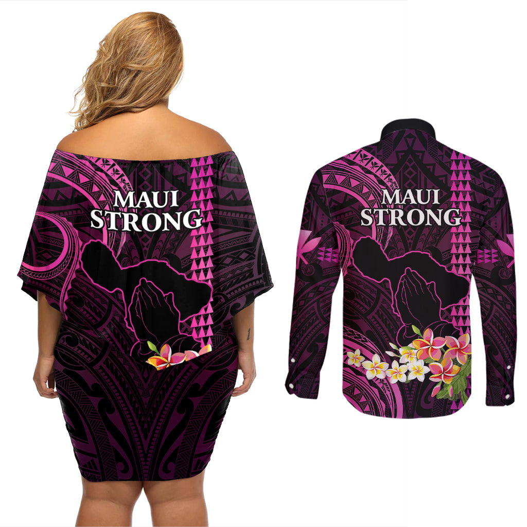 Hawaii Couples Matching Off Shoulder Short Dress and Long Sleeve Button Shirts Pray For Maui Hawaiian Plumeria Be Strong Pink Verison LT14 - Polynesian Pride