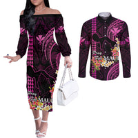 Hawaii Couples Matching Off The Shoulder Long Sleeve Dress and Long Sleeve Button Shirts Pray For Maui Hawaiian Plumeria Be Strong Pink Verison LT14 Pink - Polynesian Pride