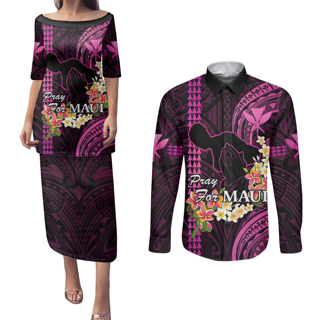 Hawaii Couples Matching Puletasi Dress and Long Sleeve Button Shirts Pray For Maui Hawaiian Plumeria Be Strong Pink Verison LT14 Pink - Polynesian Pride