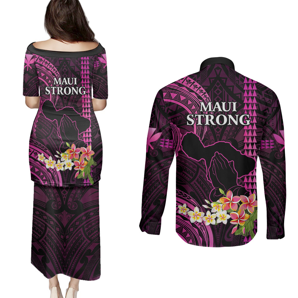 Hawaii Couples Matching Puletasi Dress and Long Sleeve Button Shirts Pray For Maui Hawaiian Plumeria Be Strong Pink Verison LT14 - Polynesian Pride