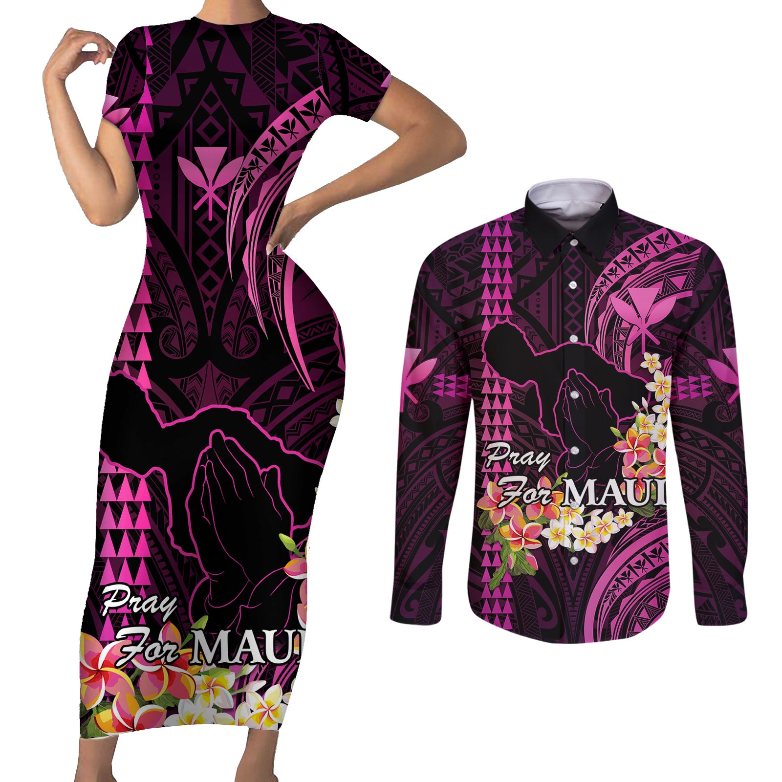 Hawaii Couples Matching Short Sleeve Bodycon Dress and Long Sleeve Button Shirts Pray For Maui Hawaiian Plumeria Be Strong Pink Verison LT14 Pink - Polynesian Pride