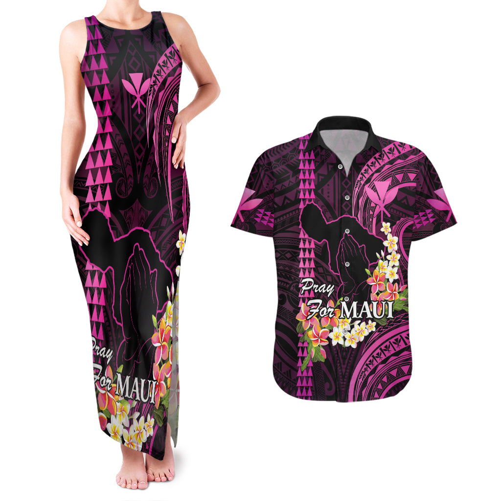 Hawaii Couples Matching Tank Maxi Dress and Hawaiian Shirt Pray For Maui Hawaiian Plumeria Be Strong Pink Verison LT14 Pink - Polynesian Pride