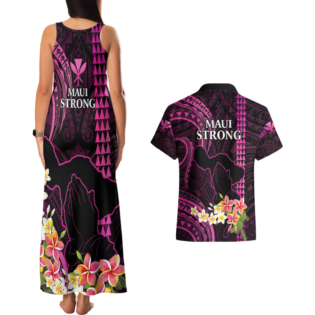 Hawaii Couples Matching Tank Maxi Dress and Hawaiian Shirt Pray For Maui Hawaiian Plumeria Be Strong Pink Verison LT14 - Polynesian Pride