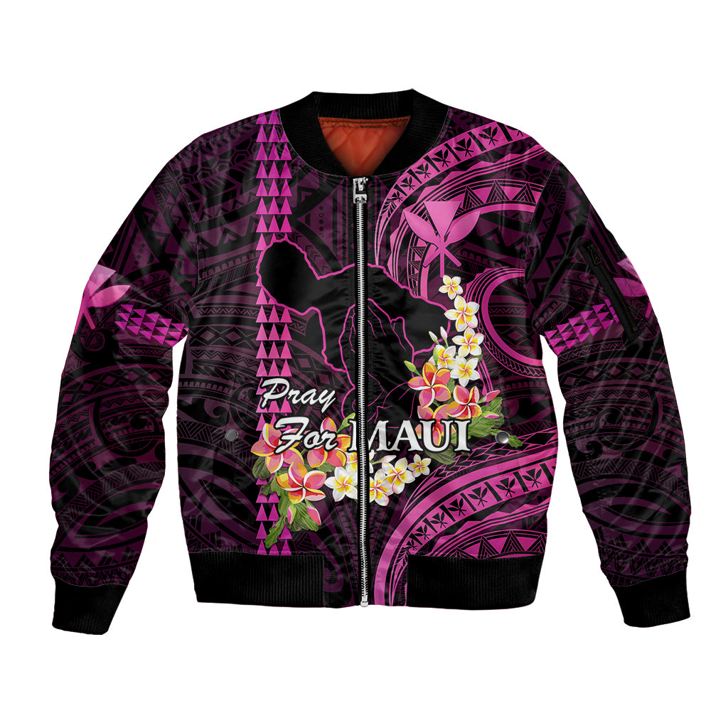 Hawaii Sleeve Zip Bomber Jacket Pray For Maui Hawaiian Plumeria Be Strong Pink Verison LT14 Unisex Pink - Polynesian Pride