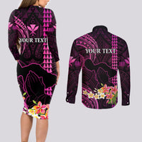 Personalised Hawaii Couples Matching Long Sleeve Bodycon Dress and Long Sleeve Button Shirts Pray For Maui Hawaiian Plumeria Be Strong Pink Verison LT14 - Polynesian Pride