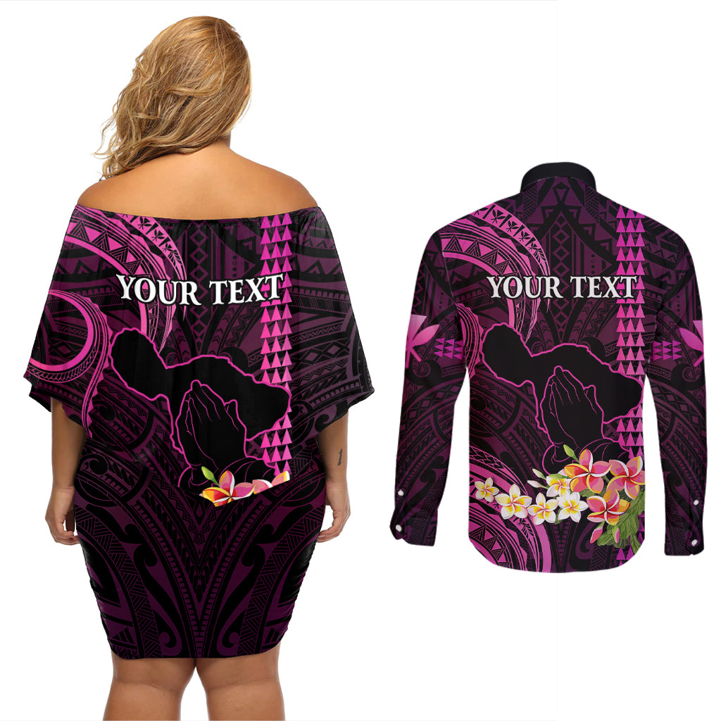 Personalised Hawaii Couples Matching Off Shoulder Short Dress and Long Sleeve Button Shirts Pray For Maui Hawaiian Plumeria Be Strong Pink Verison LT14 - Polynesian Pride