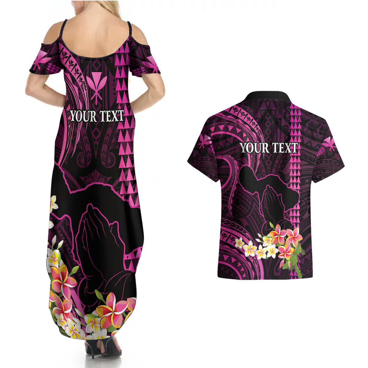 Personalised Hawaii Couples Matching Summer Maxi Dress and Hawaiian Shirt Pray For Maui Hawaiian Plumeria Be Strong Pink Verison LT14 - Polynesian Pride