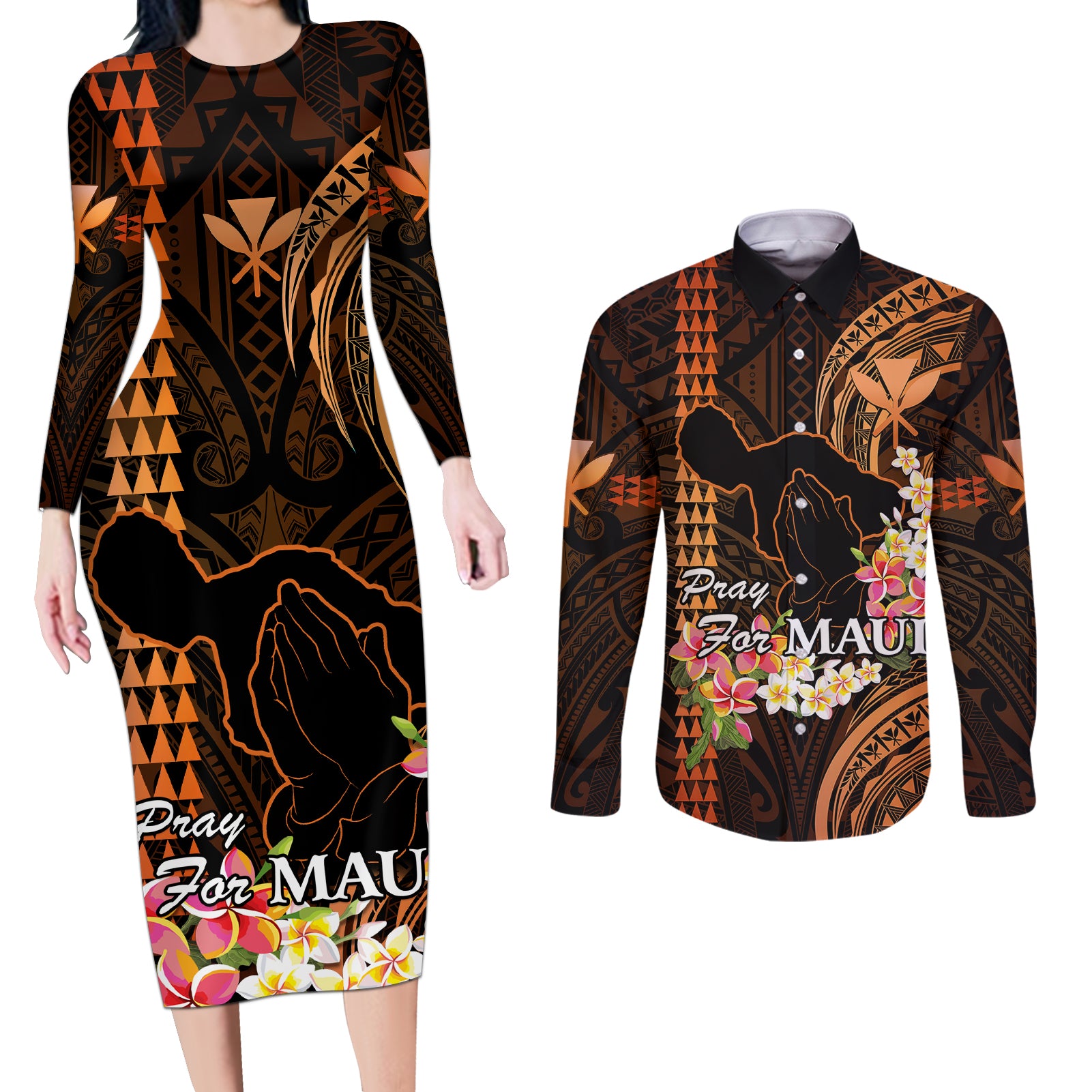 Hawaii Couples Matching Long Sleeve Bodycon Dress and Long Sleeve Button Shirts Pray For Maui Hawaiian Plumeria Be Strong Gold Verison LT14 Gold - Polynesian Pride