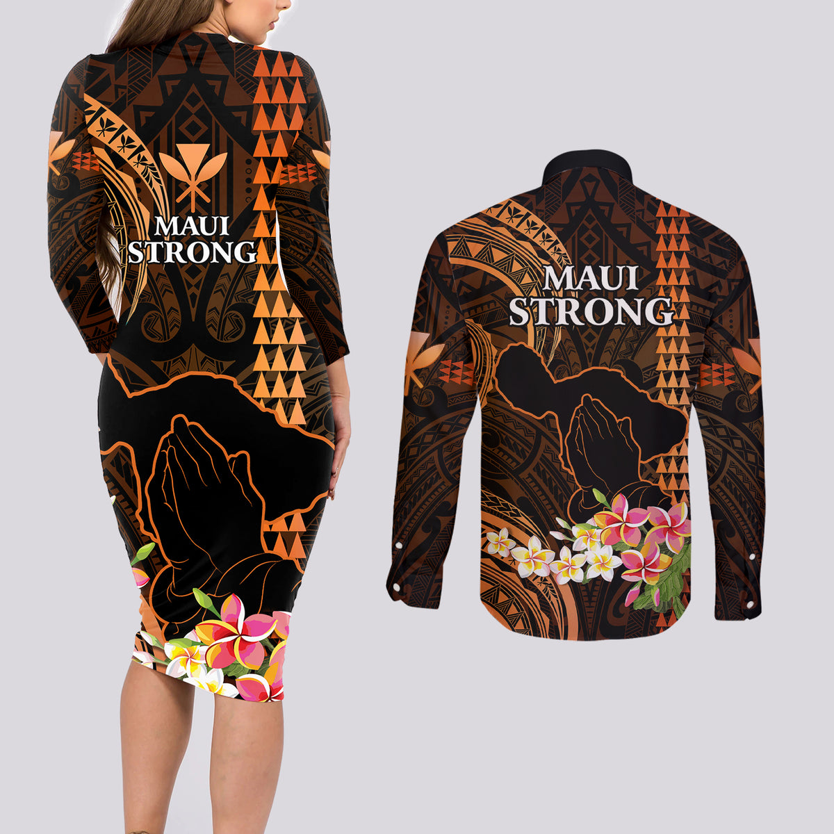 Hawaii Couples Matching Long Sleeve Bodycon Dress and Long Sleeve Button Shirts Pray For Maui Hawaiian Plumeria Be Strong Gold Verison LT14 - Polynesian Pride