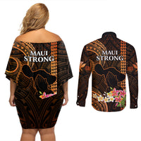 Hawaii Couples Matching Off Shoulder Short Dress and Long Sleeve Button Shirts Pray For Maui Hawaiian Plumeria Be Strong Gold Verison LT14 - Polynesian Pride