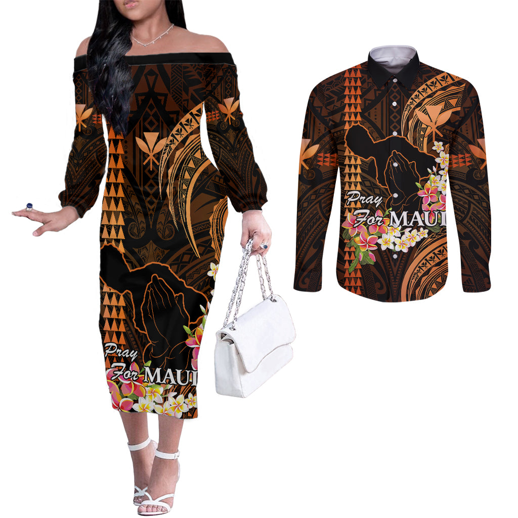 Hawaii Couples Matching Off The Shoulder Long Sleeve Dress and Long Sleeve Button Shirts Pray For Maui Hawaiian Plumeria Be Strong Gold Verison LT14 Gold - Polynesian Pride