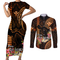 Hawaii Couples Matching Short Sleeve Bodycon Dress and Long Sleeve Button Shirts Pray For Maui Hawaiian Plumeria Be Strong Gold Verison LT14 Gold - Polynesian Pride