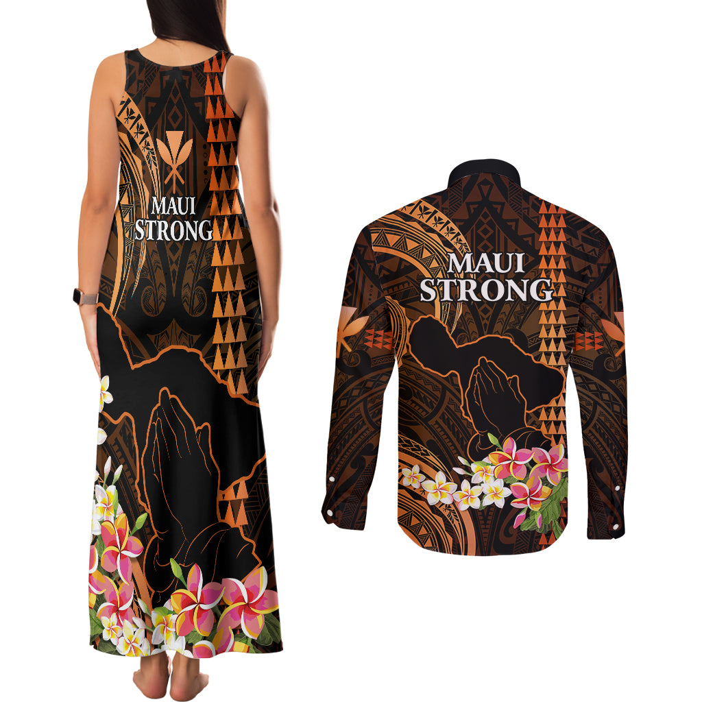 Hawaii Couples Matching Tank Maxi Dress and Long Sleeve Button Shirts Pray For Maui Hawaiian Plumeria Be Strong Gold Verison LT14 - Polynesian Pride