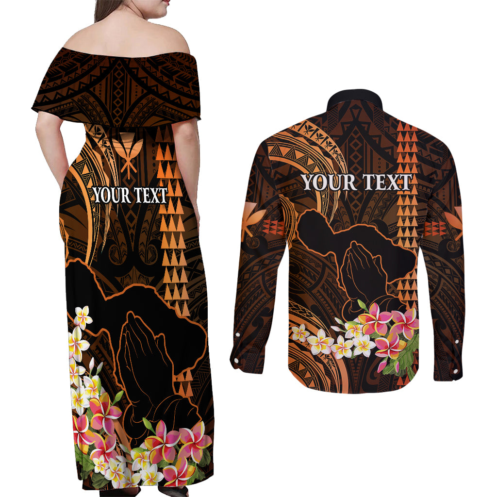Personalised Hawaii Couples Matching Off Shoulder Maxi Dress and Long Sleeve Button Shirts Pray For Maui Hawaiian Plumeria Be Strong Gold Verison LT14 - Polynesian Pride