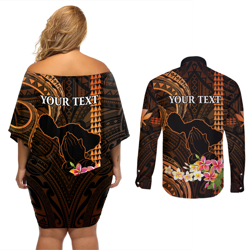 Personalised Hawaii Couples Matching Off Shoulder Short Dress and Long Sleeve Button Shirts Pray For Maui Hawaiian Plumeria Be Strong Gold Verison LT14 - Polynesian Pride