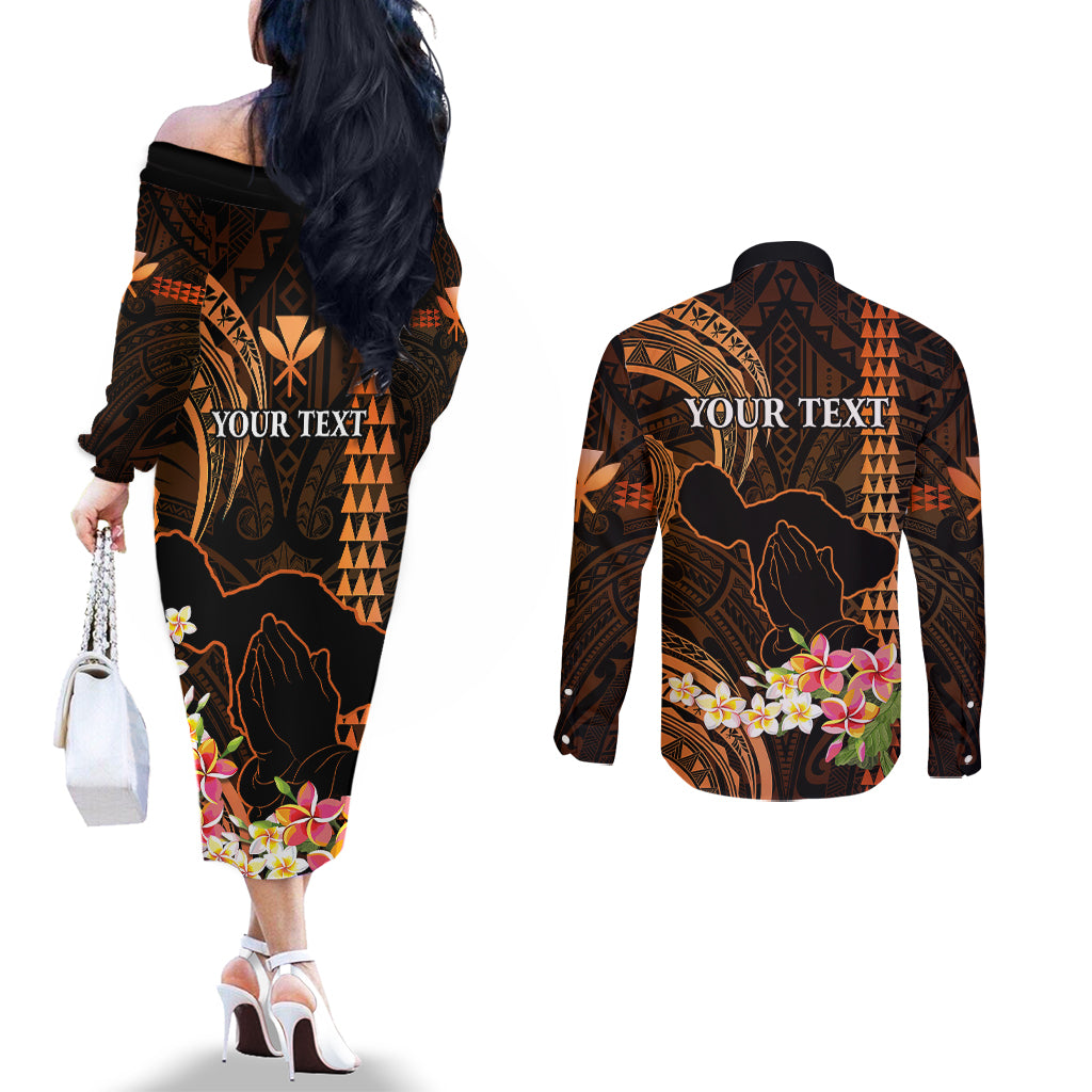Personalised Hawaii Couples Matching Off The Shoulder Long Sleeve Dress and Long Sleeve Button Shirts Pray For Maui Hawaiian Plumeria Be Strong Gold Verison LT14 - Polynesian Pride