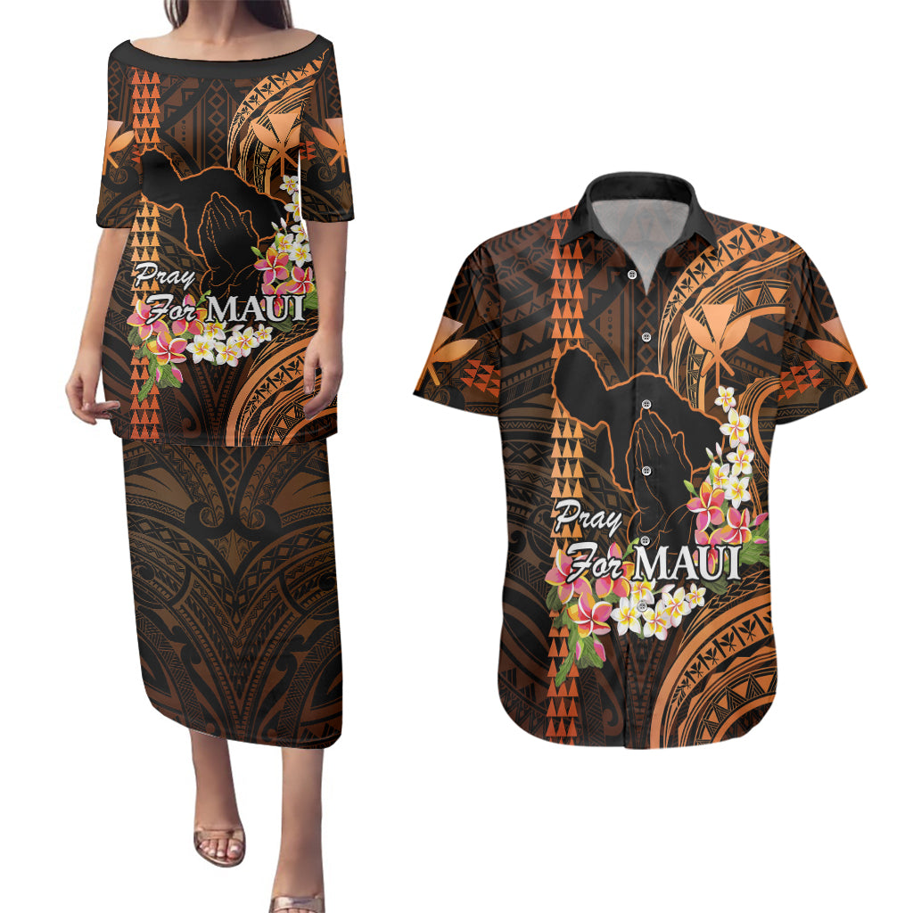 Personalised Hawaii Couples Matching Puletasi Dress and Hawaiian Shirt Pray For Maui Hawaiian Plumeria Be Strong Gold Verison LT14 Gold - Polynesian Pride