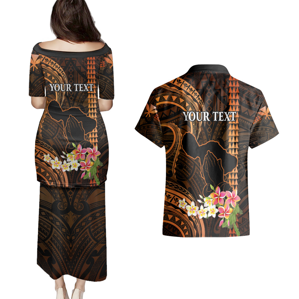 Personalised Hawaii Couples Matching Puletasi Dress and Hawaiian Shirt Pray For Maui Hawaiian Plumeria Be Strong Gold Verison LT14 - Polynesian Pride