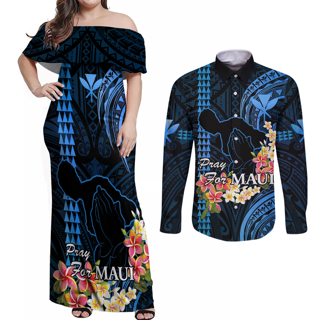 Hawaii Couples Matching Off Shoulder Maxi Dress and Long Sleeve Button Shirts Pray For Maui Hawaiian Plumeria Be Strong Blue Verison LT14 Blue - Polynesian Pride