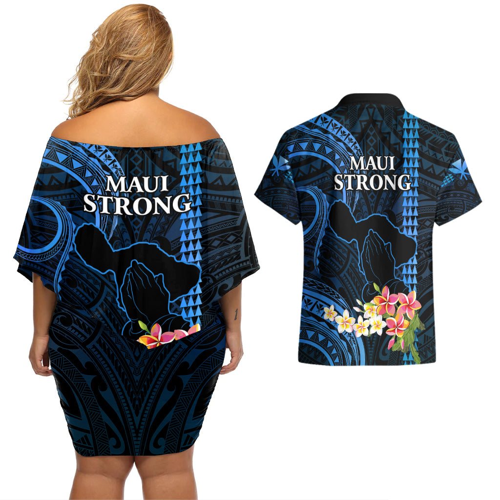 Hawaii Couples Matching Off Shoulder Short Dress and Hawaiian Shirt Pray For Maui Hawaiian Plumeria Be Strong Blue Verison LT14 - Polynesian Pride