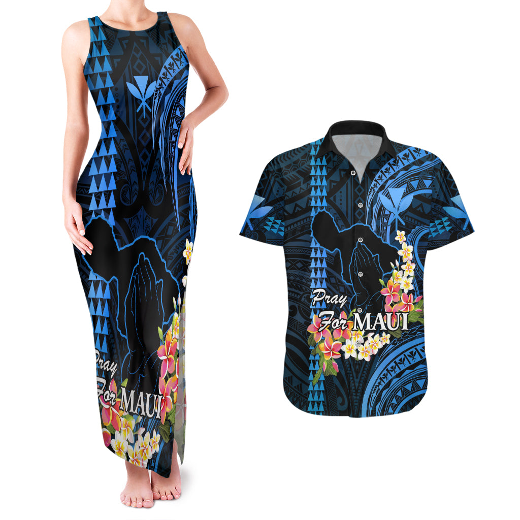 Hawaii Couples Matching Tank Maxi Dress and Hawaiian Shirt Pray For Maui Hawaiian Plumeria Be Strong Blue Verison LT14 Blue - Polynesian Pride
