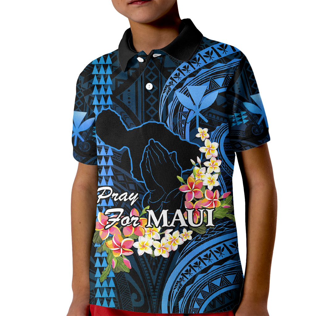 Hawaii Kid Polo Shirt Pray For Maui Hawaiian Plumeria Be Strong Blue Verison LT14 Kid Blue - Polynesian Pride