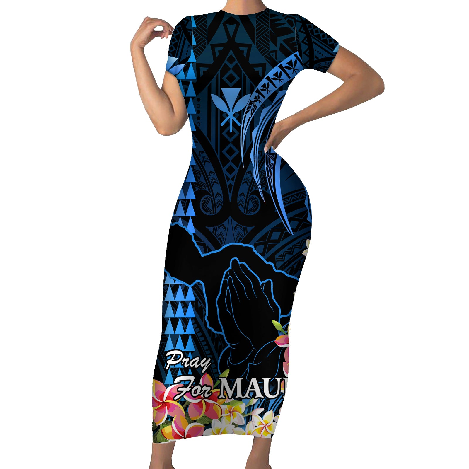 Hawaii Short Sleeve Bodycon Dress Pray For Maui Hawaiian Plumeria Be Strong Blue Verison LT14 Long Dress Blue - Polynesian Pride