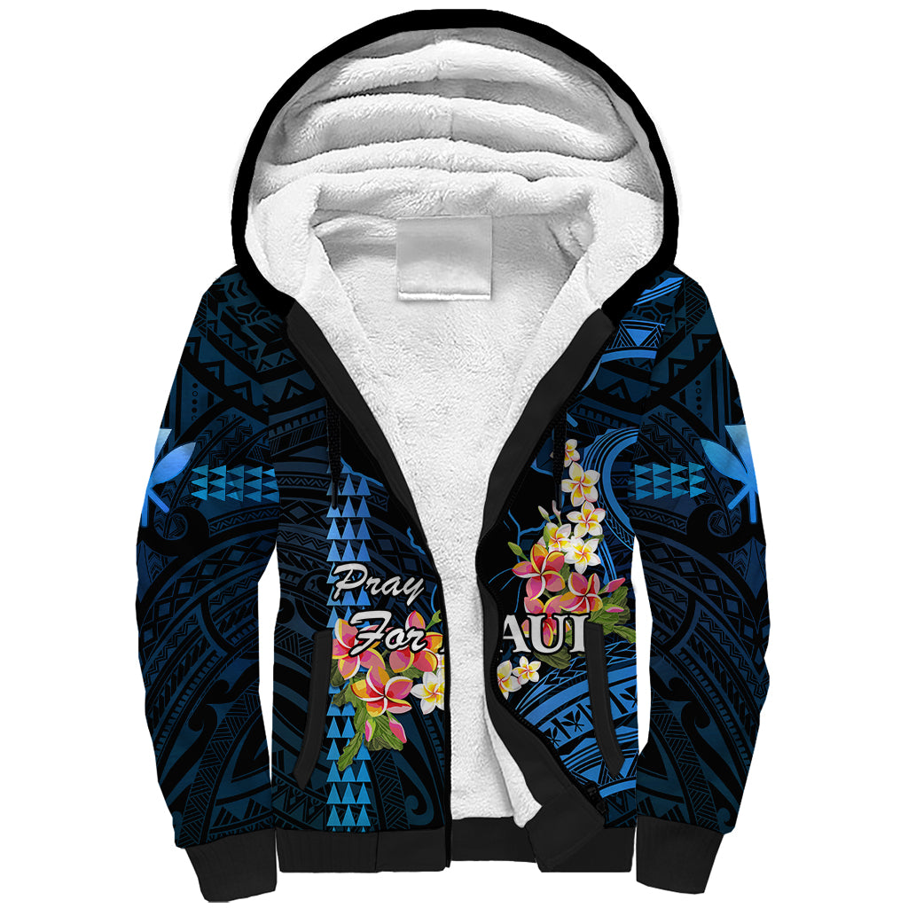 Personalised Hawaii Sherpa Hoodie Pray For Maui Hawaiian Plumeria Be Strong Blue Verison LT14 Unisex Blue - Polynesian Pride
