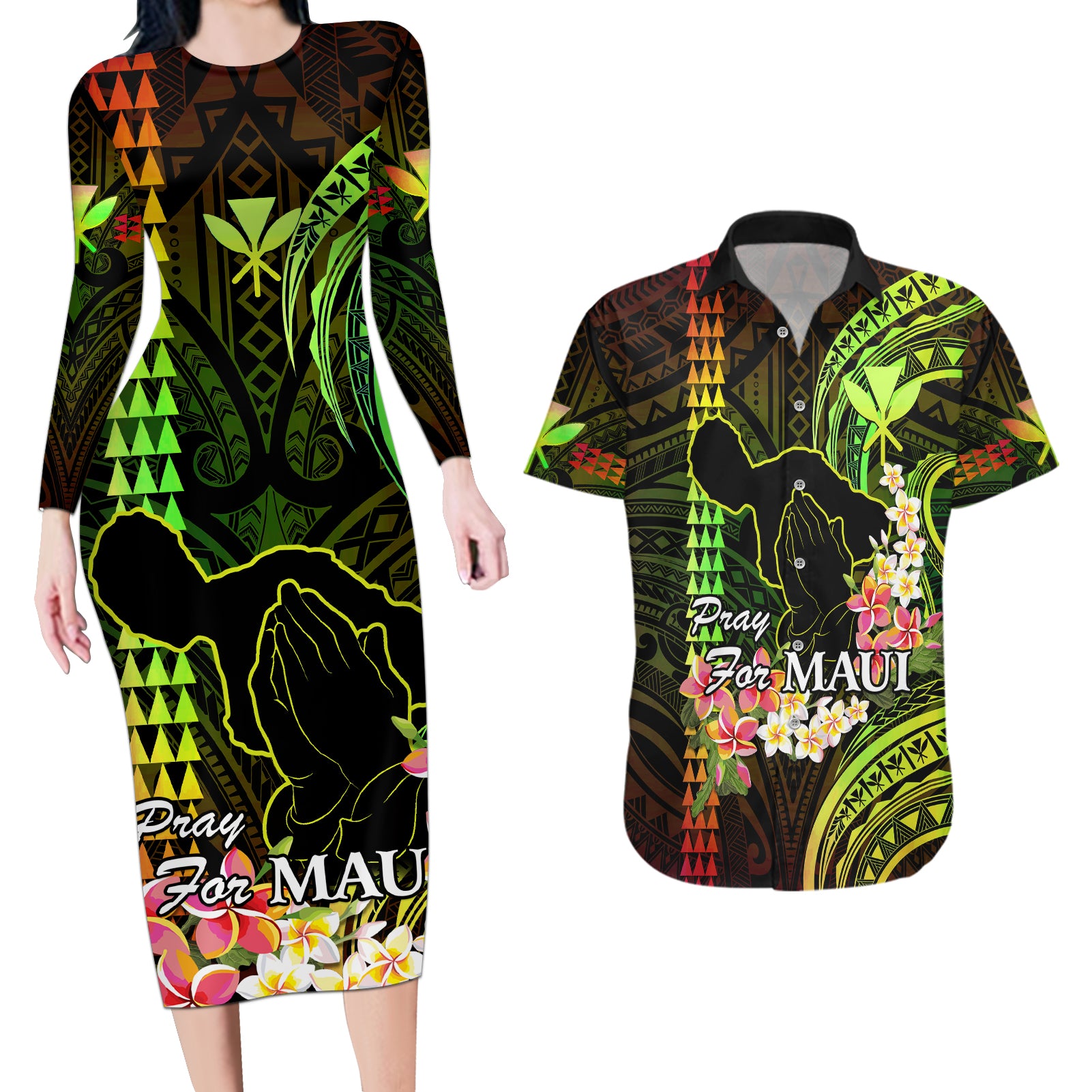 Hawaii Couples Matching Long Sleeve Bodycon Dress and Hawaiian Shirt Pray For Maui Hawaiian Plumeria Be Strong Reggae Verison LT14 Reggae - Polynesian Pride