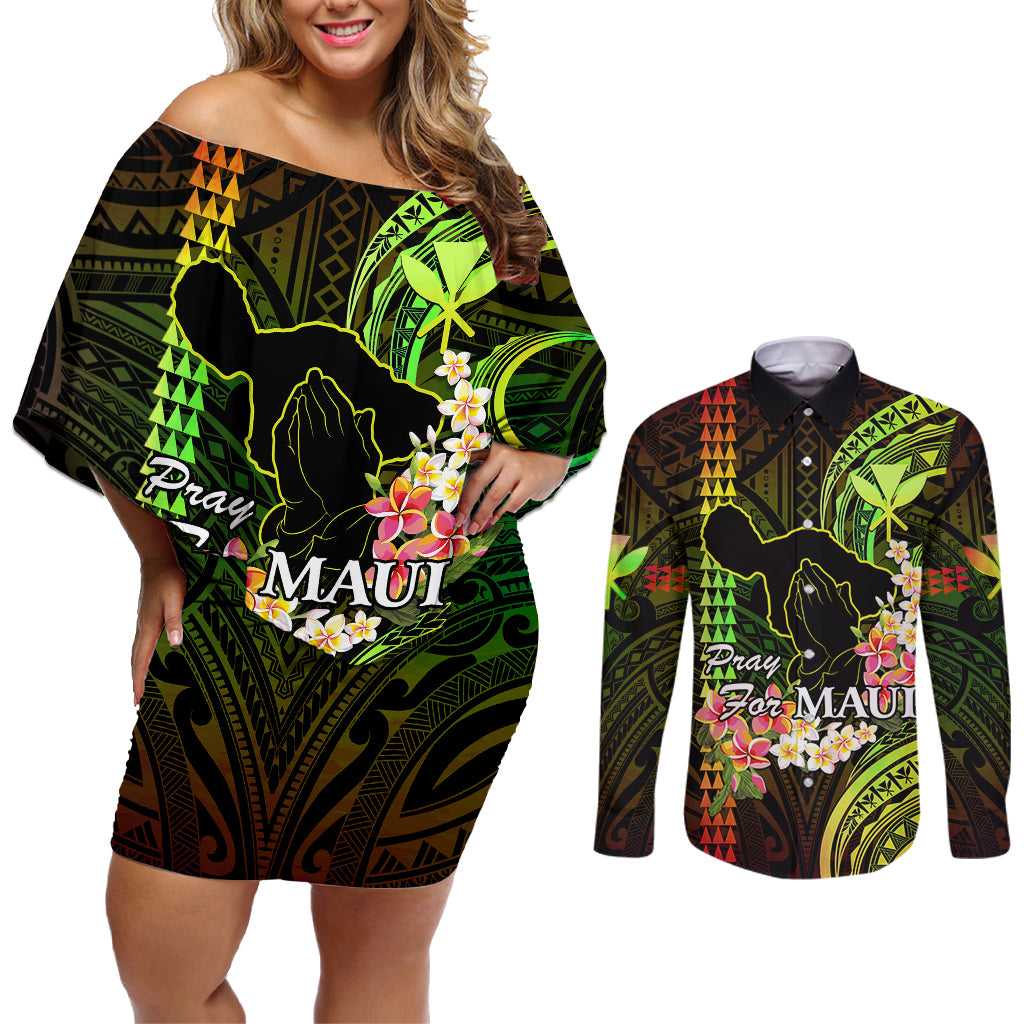 Personalised Hawaii Couples Matching Off Shoulder Short Dress and Long Sleeve Button Shirts Pray For Maui Hawaiian Plumeria Be Strong Reggae Verison LT14 Reggae - Polynesian Pride