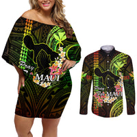 Personalised Hawaii Couples Matching Off Shoulder Short Dress and Long Sleeve Button Shirts Pray For Maui Hawaiian Plumeria Be Strong Reggae Verison LT14 Reggae - Polynesian Pride