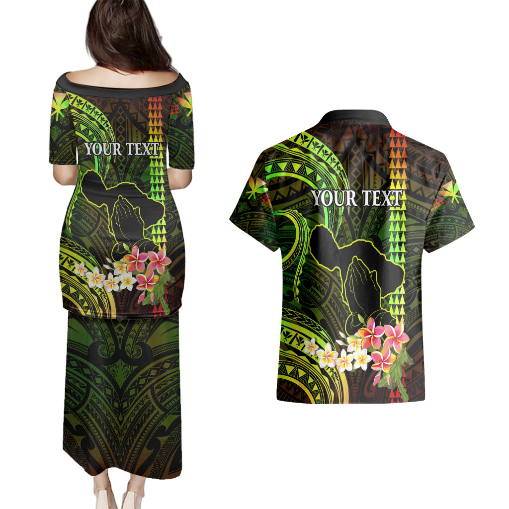 Personalised Hawaii Couples Matching Puletasi Dress and Hawaiian Shirt Pray For Maui Hawaiian Plumeria Be Strong Reggae Verison LT14 - Polynesian Pride