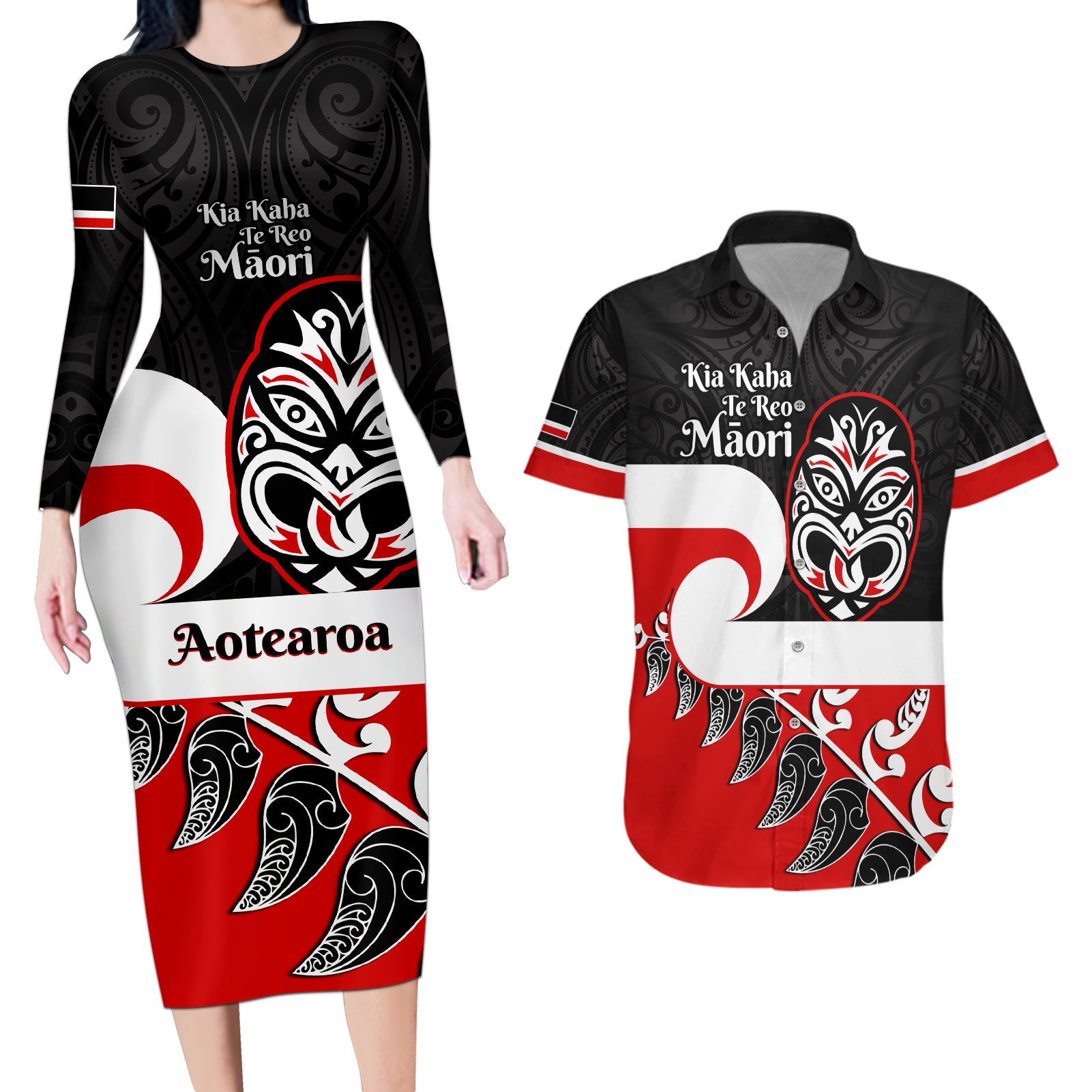 Personalised Te Reo Maori New Zealand Couples Matching Long Sleeve Bodycon Dress and Hawaiian Shirt Kia Haka Maori Fern With Tino Rangatiratanga LT14 Red - Polynesian Pride