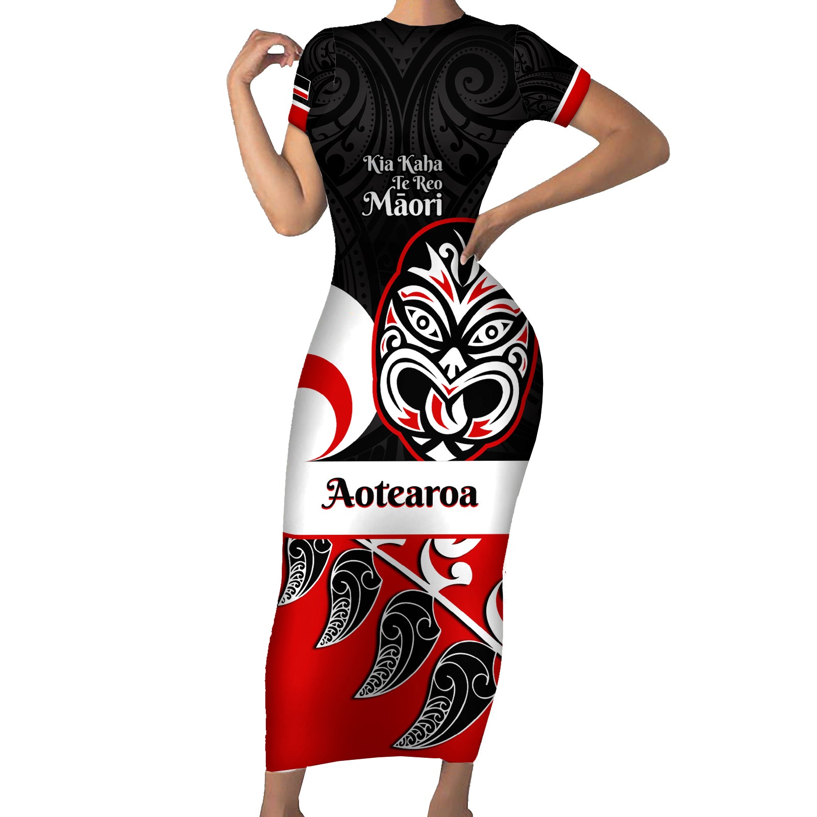 Personalised Te Reo Maori New Zealand Short Sleeve Bodycon Dress Kia Haka Maori Fern With Tino Rangatiratanga LT14 Long Dress Red - Polynesian Pride