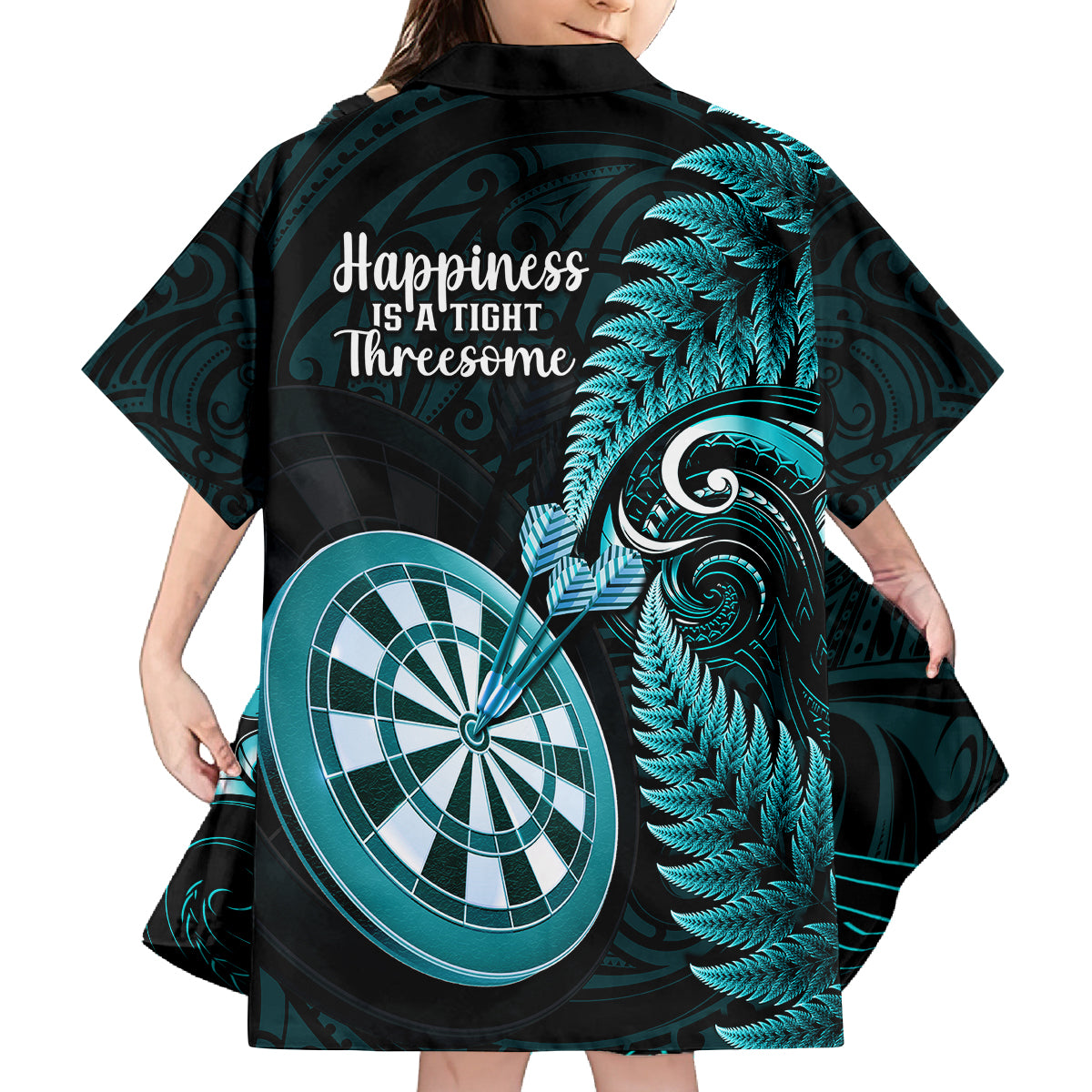 New Zealand Darts Family Matching Summer Maxi Dress and Hawaiian Shirt Happiness Is A Tight Threesome Maori Turquoise LT14 Daughter's Dress Turquoise - Polynesian Pride