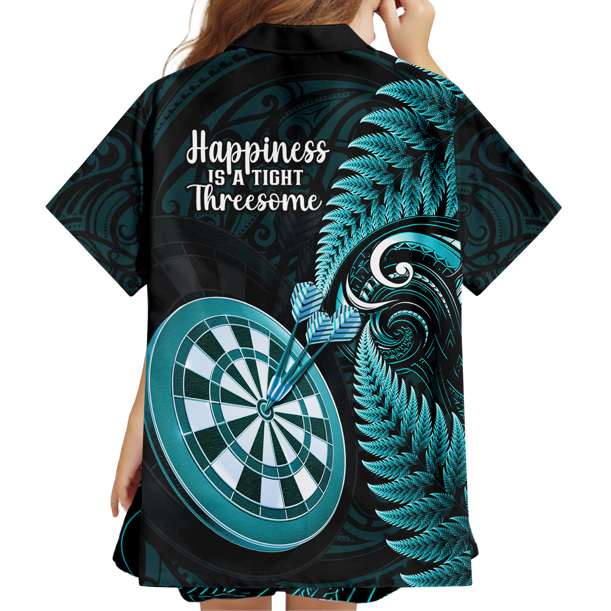 New Zealand Darts Family Matching Summer Maxi Dress and Hawaiian Shirt Happiness Is A Tight Threesome Maori Turquoise LT14 - Polynesian Pride