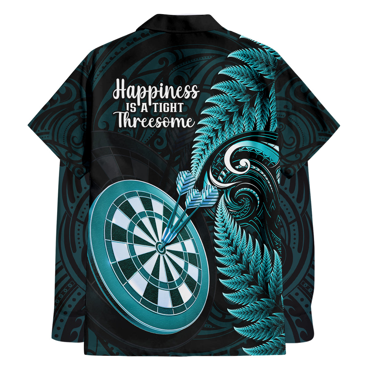 New Zealand Darts Family Matching Summer Maxi Dress and Hawaiian Shirt Happiness Is A Tight Threesome Maori Turquoise LT14 Dad's Shirt - Long Sleeve Turquoise - Polynesian Pride