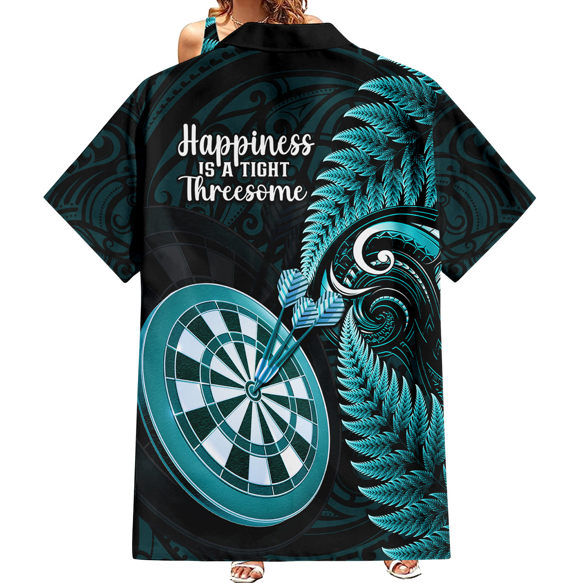 New Zealand Darts Family Matching Summer Maxi Dress and Hawaiian Shirt Happiness Is A Tight Threesome Maori Turquoise LT14 Mom's Dress Turquoise - Polynesian Pride