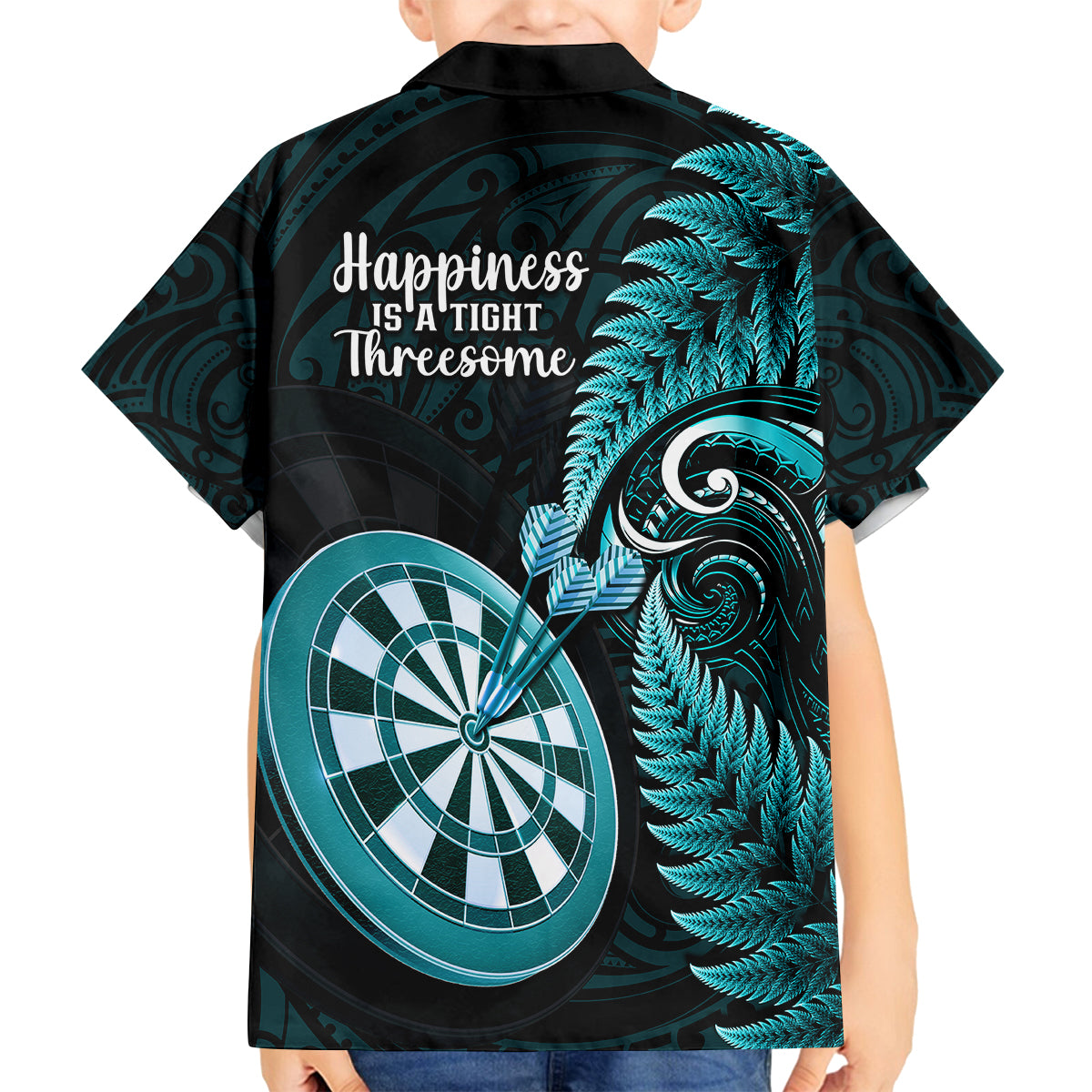 New Zealand Darts Family Matching Summer Maxi Dress and Hawaiian Shirt Happiness Is A Tight Threesome Maori Turquoise LT14 Son's Shirt Turquoise - Polynesian Pride