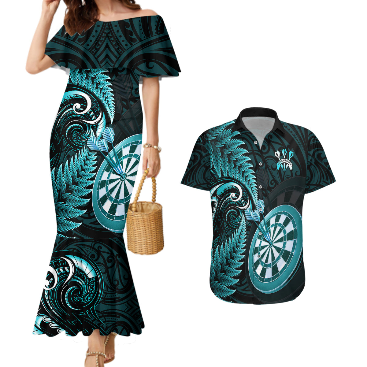 personalised-new-zealand-darts-couples-matching-mermaid-dress-and-hawaiian-shirt-happiness-is-a-tight-threesome-maori-turquoise