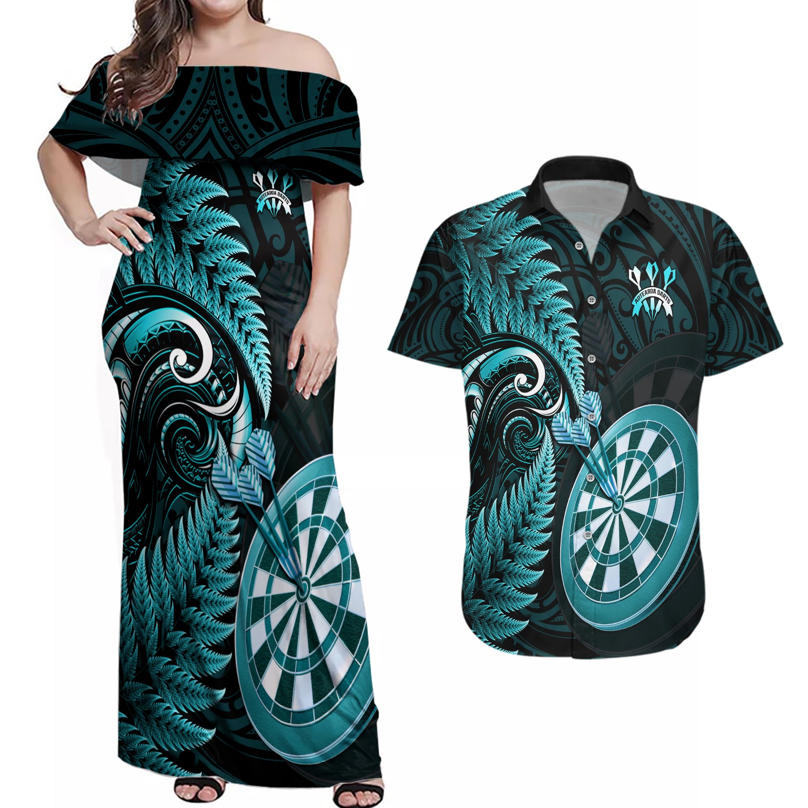 personalised-new-zealand-darts-couples-matching-off-shoulder-maxi-dress-and-hawaiian-shirt-happiness-is-a-tight-threesome-maori-turquoise