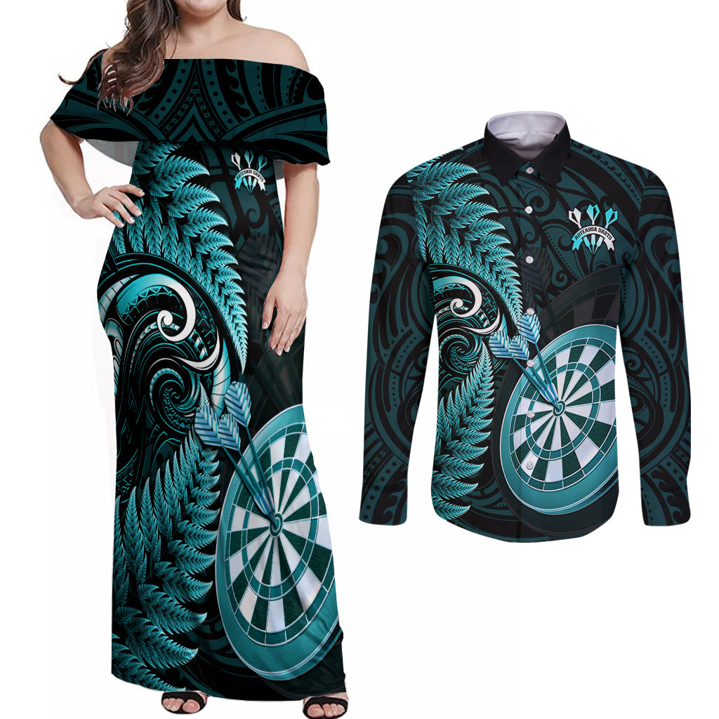 personalised-new-zealand-darts-couples-matching-off-shoulder-maxi-dress-and-long-sleeve-button-shirts-happiness-is-a-tight-threesome-maori-turquoise