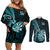 personalised-new-zealand-darts-couples-matching-off-shoulder-short-dress-and-long-sleeve-button-shirts-happiness-is-a-tight-threesome-maori-turquoise