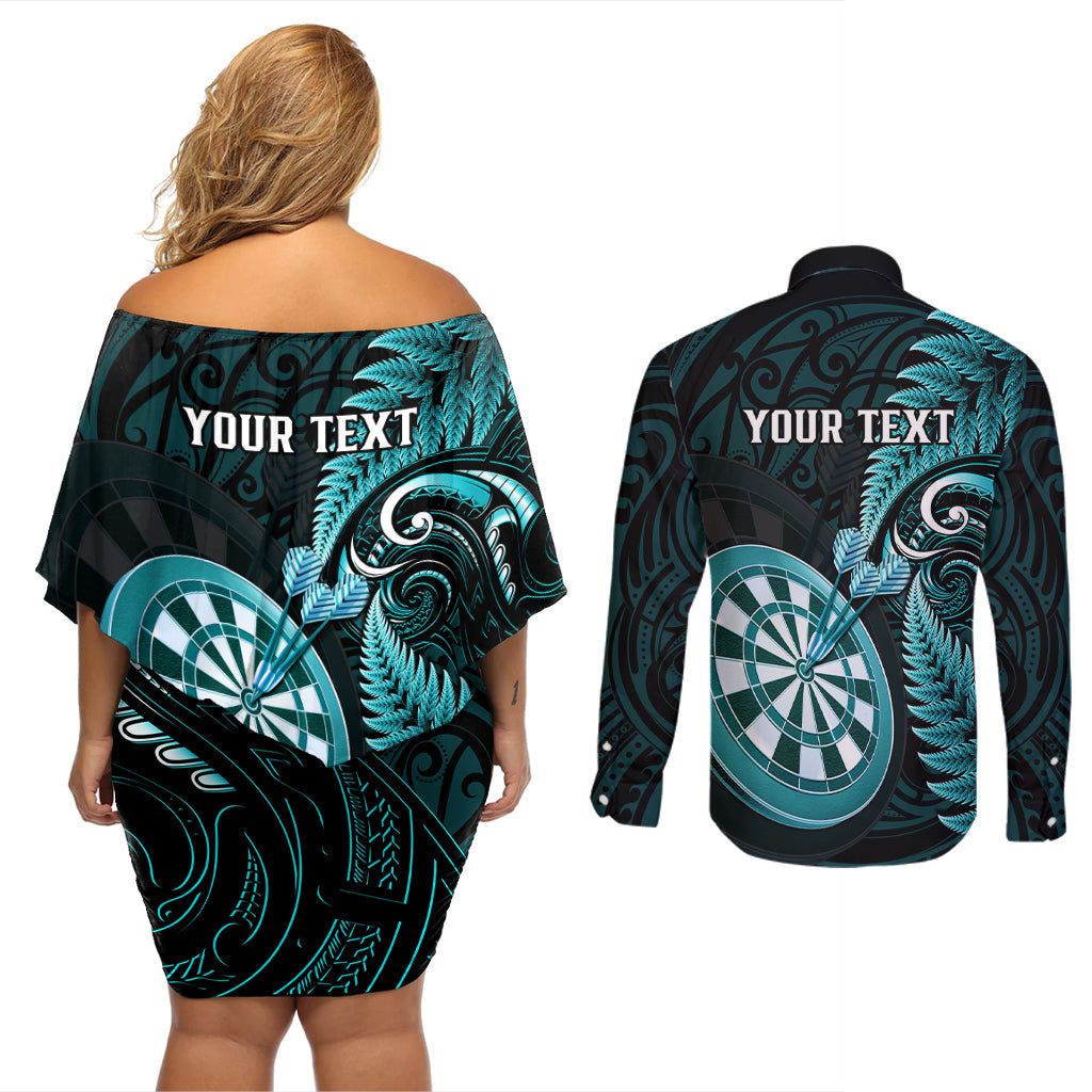 personalised-new-zealand-darts-couples-matching-off-shoulder-short-dress-and-long-sleeve-button-shirts-happiness-is-a-tight-threesome-maori-turquoise