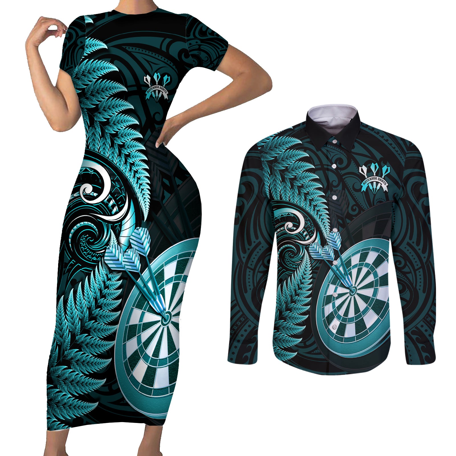 personalised-new-zealand-darts-couples-matching-short-sleeve-bodycon-dress-and-long-sleeve-button-shirts-happiness-is-a-tight-threesome-maori-turquoise