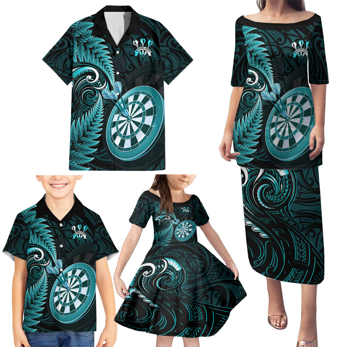 Personalised New Zealand Darts Family Matching Puletasi Dress and Hawaiian Shirt Happiness Is A Tight Threesome Maori Turquoise LT14 - Polynesian Pride